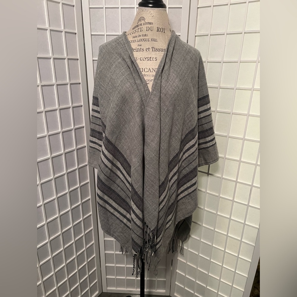 Roots Gray Striped Fringe Shawl Wrap